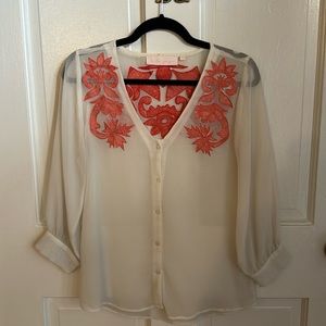 Sheer button up blouse with embroidered detail